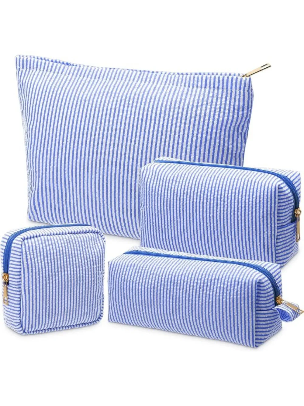 4-Piece Striped Seersucker Makeup Bag Set - Dark Blue Travel Pouches